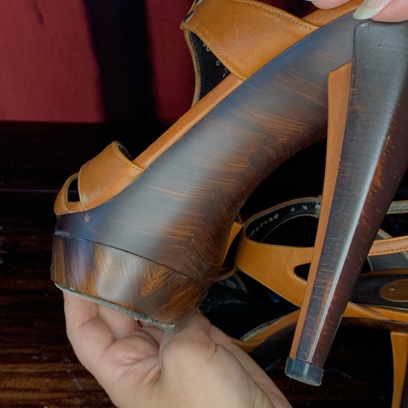 Stuart Weitzman Brown Tan Leather Wood High Heel Platform Strappy Sexy - Picture 6 of 8